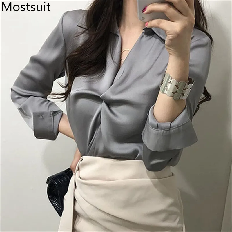 Primavera Moda Designer Knotted Coreano Camisas Blusas Mulheres Manga Longa V-Pescoço Sólido Elegante Escritório Feminino Tops 210518