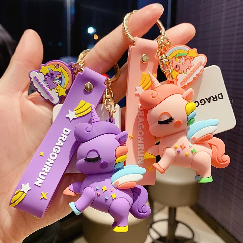 Cute Silicone big Unicorn Keychain MultiColors Horse Key Rings Holder Alloy Keys Chain For Women Girls Gift Stationery store accessories 0296