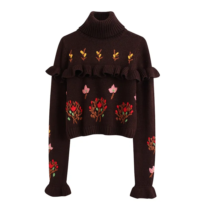 Vintage Chic Ruffles Floral Embroidery Sweaters Women Fashion Turtleneck Pullovers Elegant Ladies Flare Sleeve Short Jumpers 210520