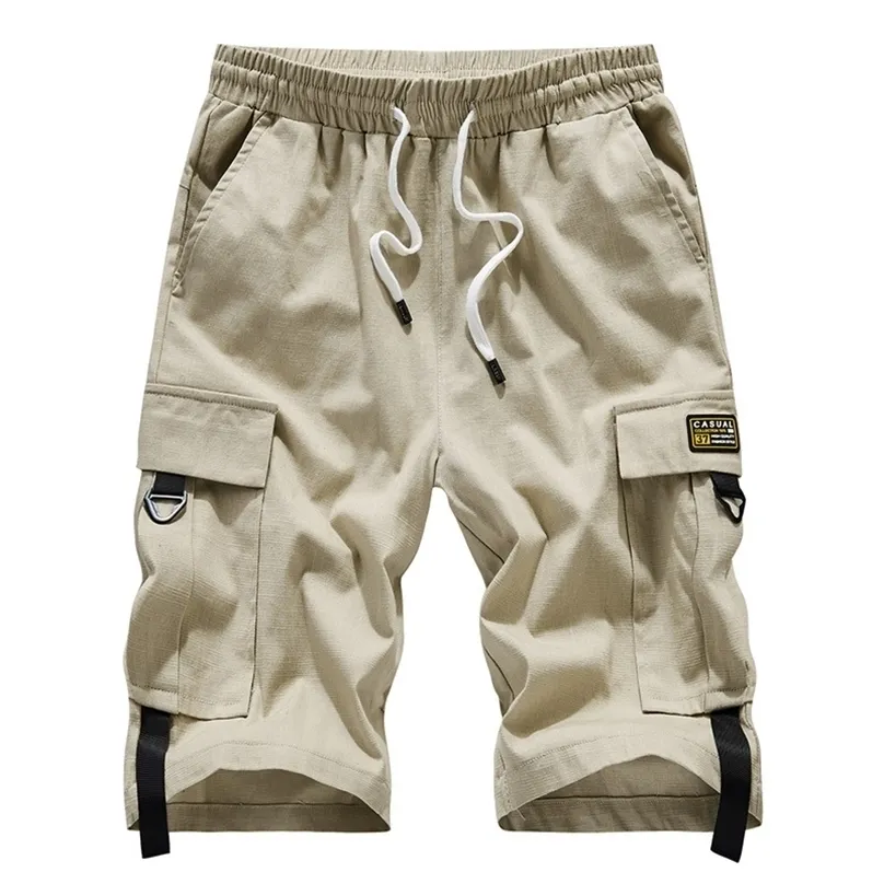 Men's Large Size Shorts Streetwear Black Summer Cotton Side Pocket Breeches Male Elastic Waist Band Casual Cargo Men 220301