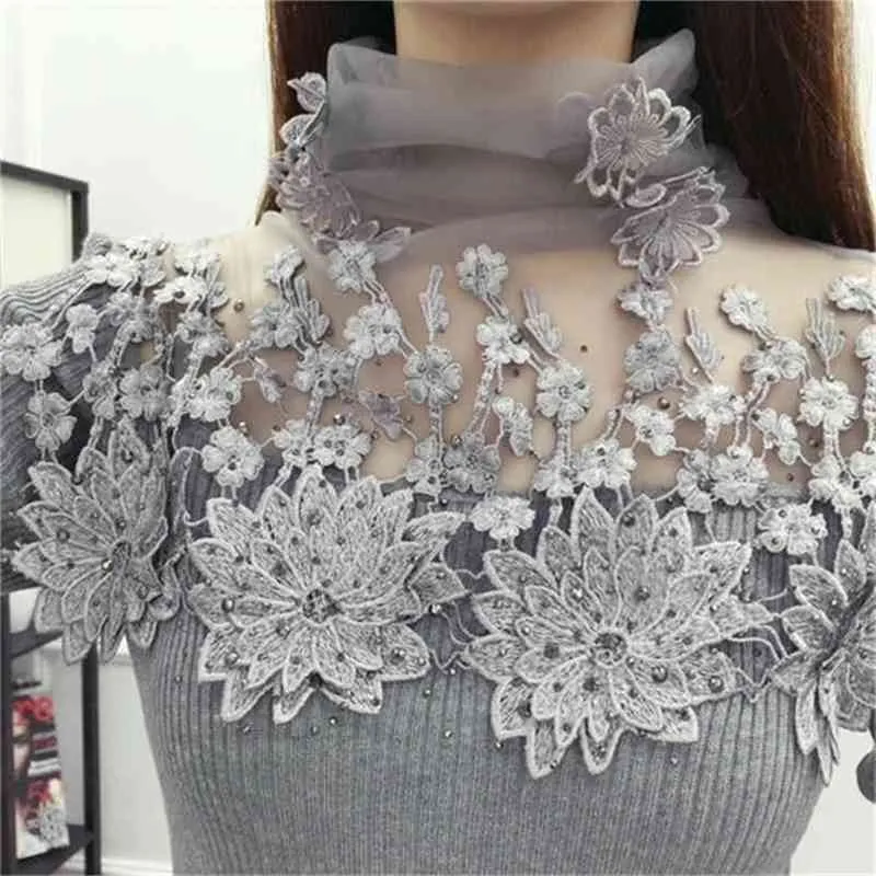 メッシュ透明刺繍ダイヤモンドセーター女性スリムフォーマルウェアプルオーバーニット秋冬ジャンパーM93301 210421