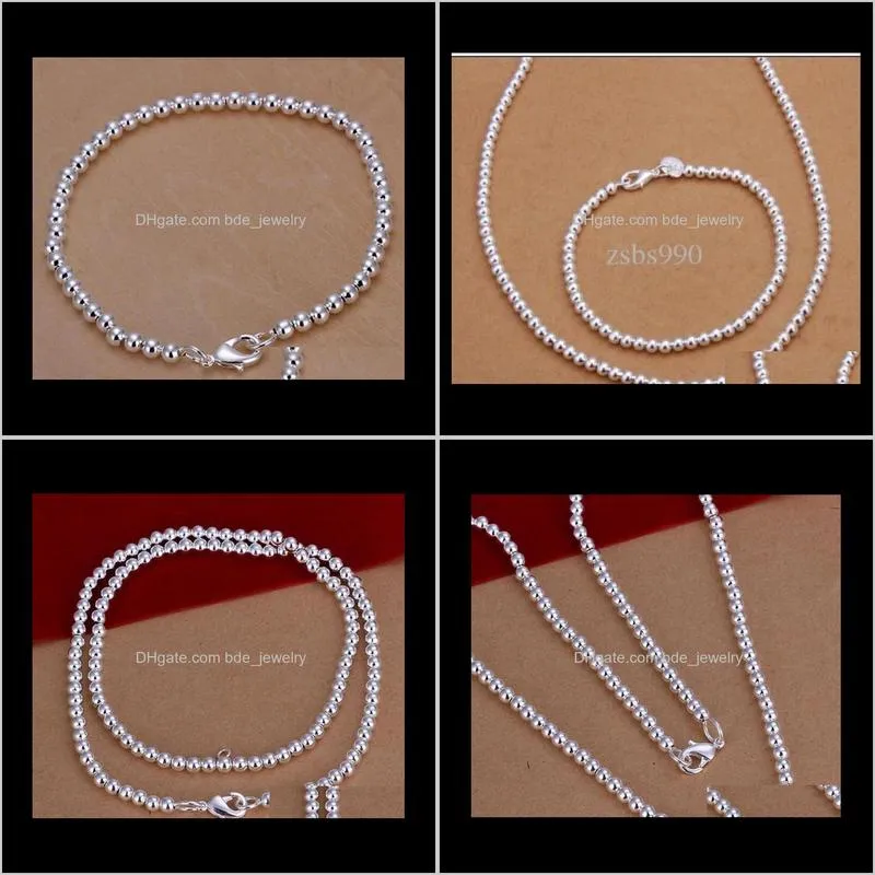 high quality 925 silver 4mm beads chain necklace bracelet fashion jewelry set dff0730