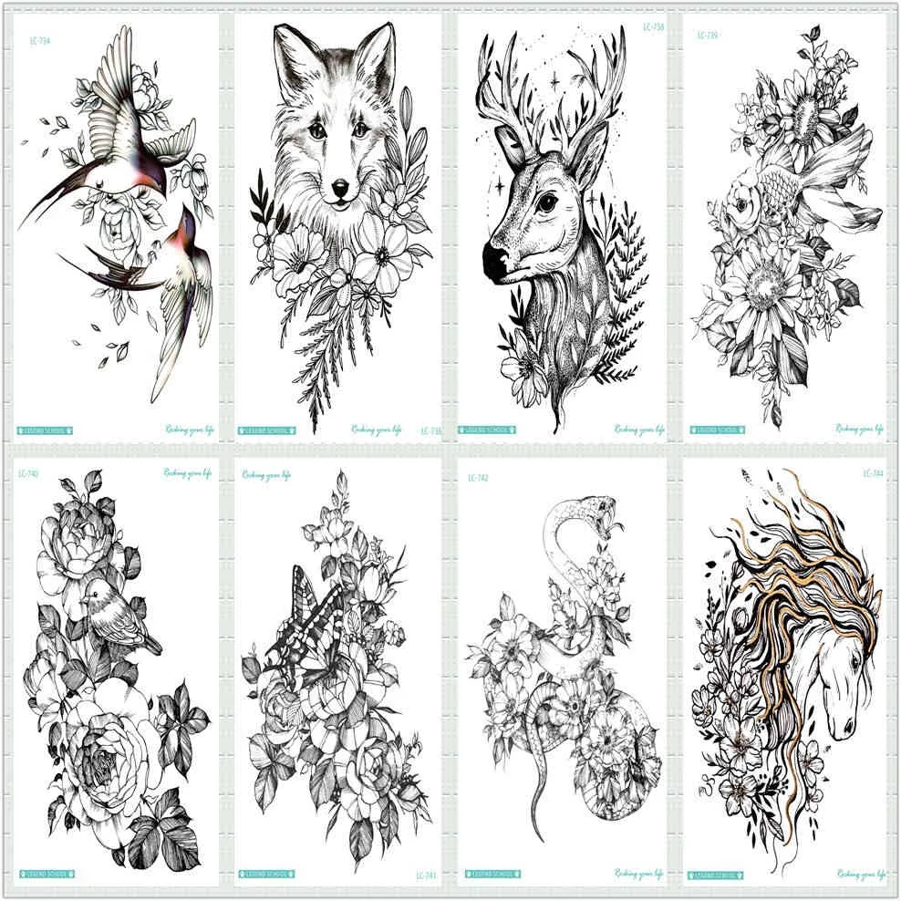 Black Sketch Tattoo Bady Art Sticker Horse Taty Wolf/Bird/Snake Fake Tattoo Temporary Tattoos Stickers Flowers Tatuagem