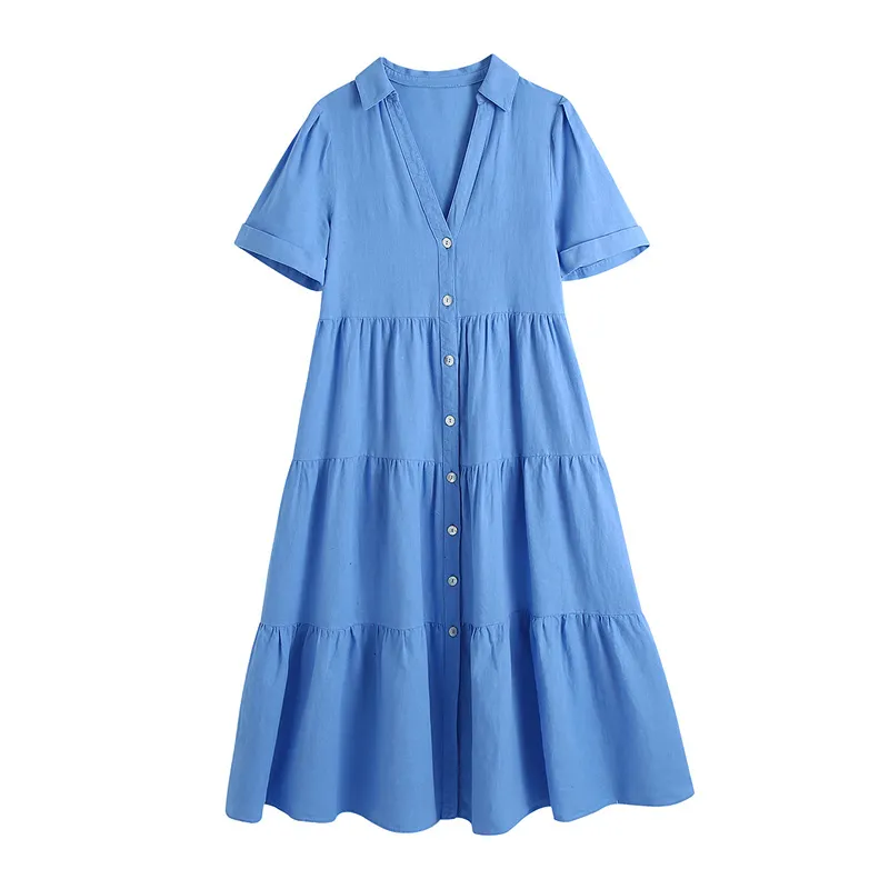 Katı Mavi Draped Nazik Kadın Elbise Yaz Düğmeler Patchwork Kısa Kollu Lady Vintage Chic Moda Kadın 210430