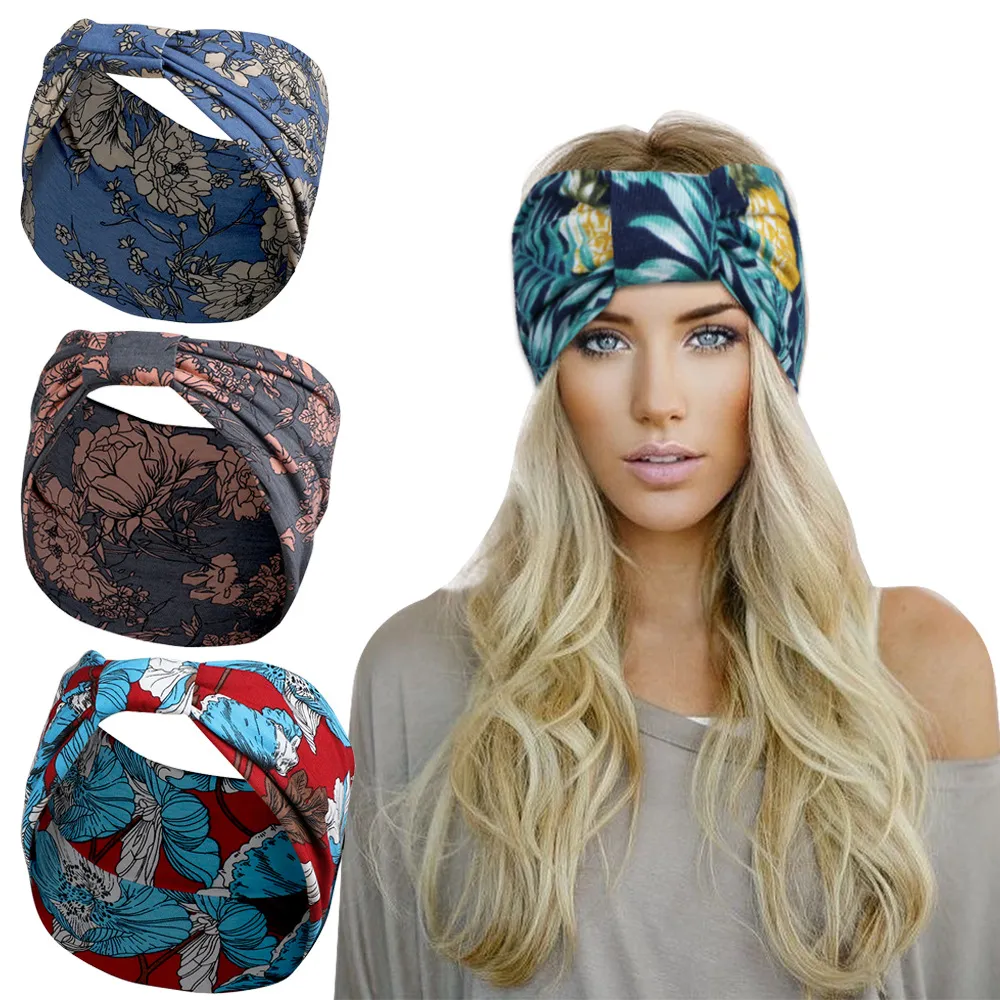 Bandeaux larges imprimé floral bowknot Sports Yoga Stretch wrap Hairband Hoops femmes bandeaux mode