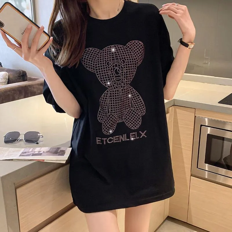 Camiseta para mujer 2021 Beading Bear Mujeres Harajuku Oversize de manga corta Hip Hop Algodón Suelto Cristal Coreano Ropa femenina