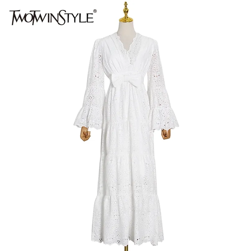 Robe élégante en dentelle avec nœud papillon pour femmes, col en V, manches longues, taille haute, robes maxi, vêtements de mode féminine 210520