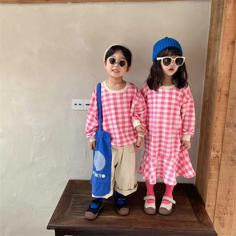 Milmantel jesienne ubrania dla dzieci kratę z kapturem dla burotów i siostry luźne chłopcy bluzy koreańskie dziewczyny sukienka dla dzieci 211111