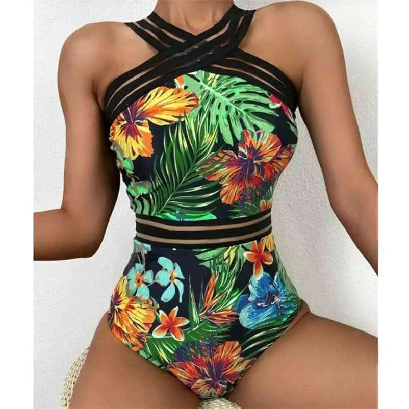 Sexy Badeanzug Frauen Blatt Druck Bademode Weibliche Mesh Patchwork Badeanzug Sommer Strand Tragen Schwimmen Badende Dame 210521