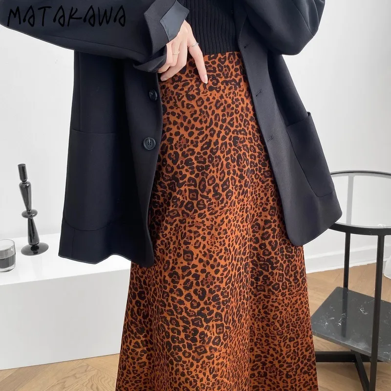 松川エレガントなヒョウのプリントスカートの女性秋のハイウエストのAラインフィッシュテールスカートファルダスムザーMODA 210513