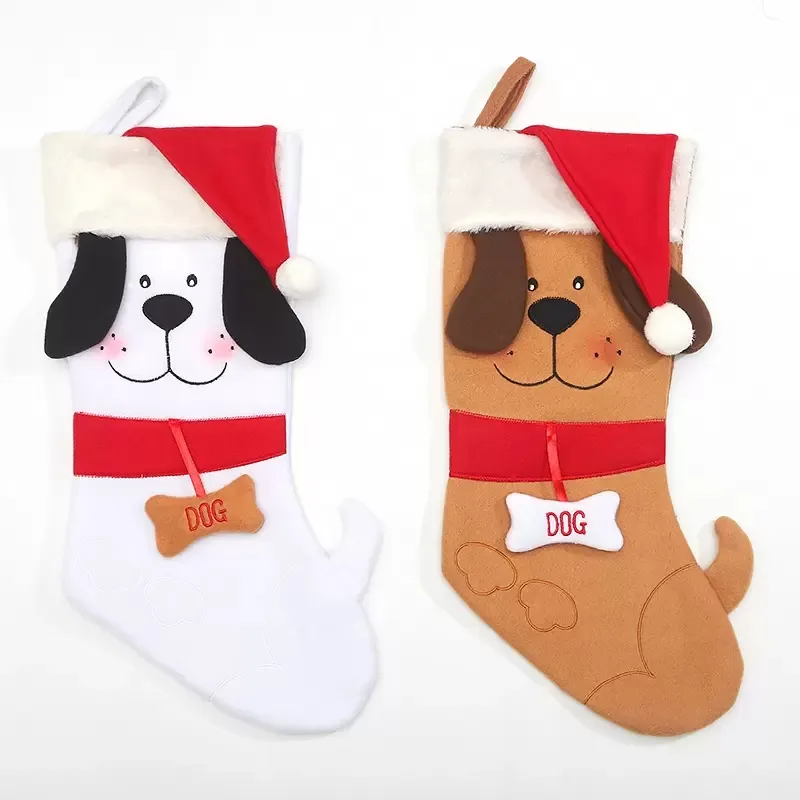 Weihnachtsstrumpf Cartoon Hund mit Weihnachtsmütze Geschenktüte Weihnachtsbaum hängende Socken Dekorationen