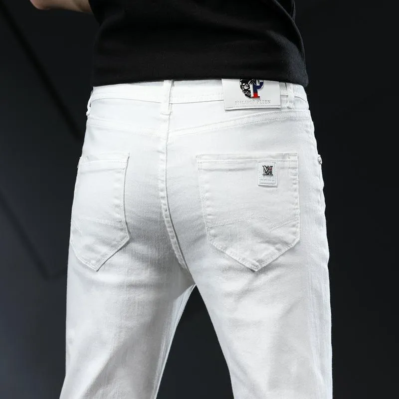 Мужские растягивающиеся джинсы моды мода повседневная стройная пригонка джинсовые брюки белые брюки мужской бренд одежда бизнес для чиносов мужские