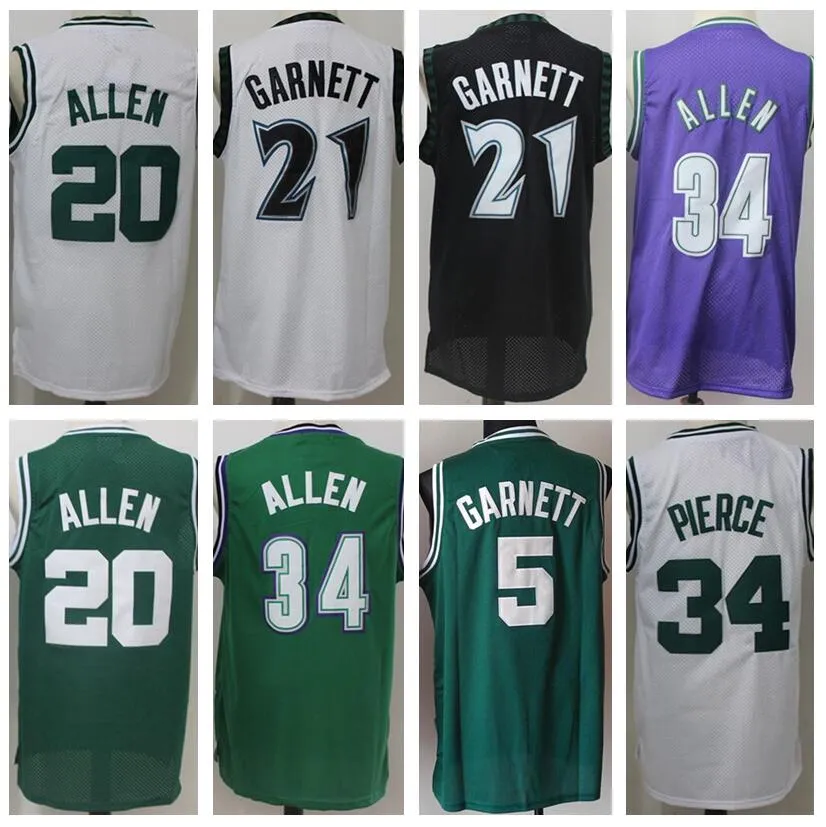 Vintage Koszykówka Kevin Garnett Jersey 5 21 Ray Allen 20 Paul Pierce 34 Retro Zespół Kolor Zielony Biały Czarny Niebieski Oddychający Dla Fanów Sportowych Dobra Jakość