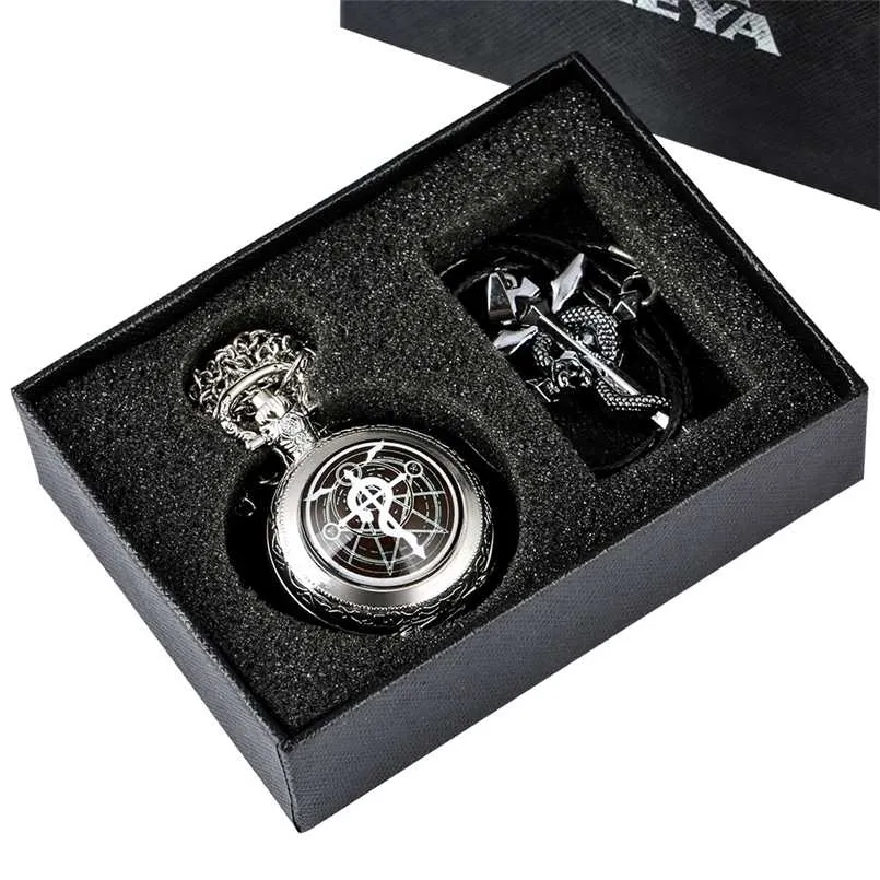 Fullmetal Alchemist Silver/Bronze Pocket Watch Pendant Men's Quartz Japan Anime Necklace Clock High Grade Gifts Set 211013