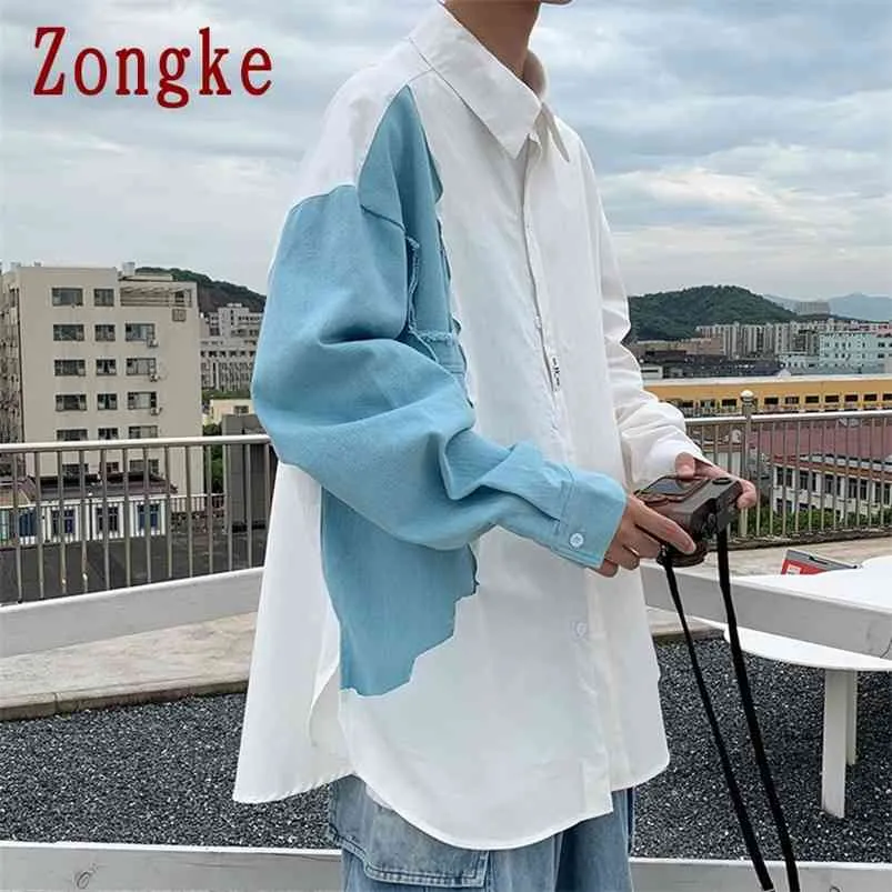 Zongke Camicie Casual Per Uomo Abbigliamento Moda Streetwear Manica Lunga Patchwork Bianco M-3XL 210721