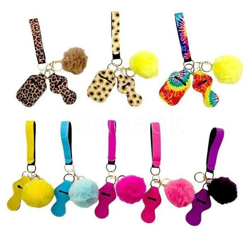 Defense Keychain Set Pompom Hand Sanitizer Wrist strap Lipstick Keychains Silver Keyring For Woman Men Self-defense Keyrings DD037