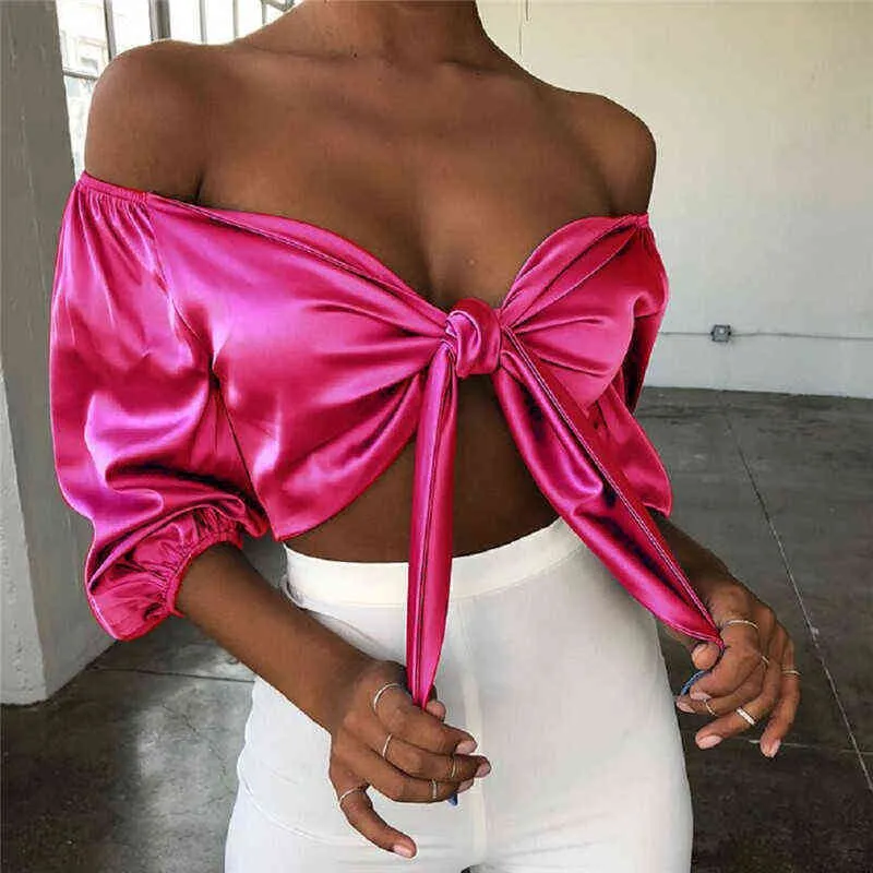 Women Off Shoulder Satin Silk Blouses Bandage Bowknot Shirts Long Sleeve Crop Top Lantern Sleeve Summer Tops One Size 4Colors H1230