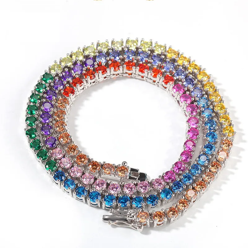 Męski diament lodowany w tenisowym złotym łańcuchu Rainbow Kolorowe naszyjniki moda