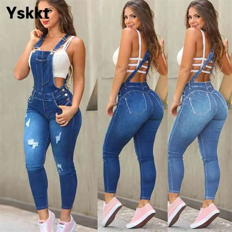 Denim salopette femmes mode Slim combinaison Jeans bavoir pleine longueur maigre décontracté combinaison barboteuse Jean pantalon serré pantalon 210322