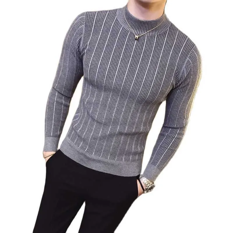 Höst och vinter Ny stil Boutique Fashion Striped Half High Neck Mens Casual Commercial Stretch Striked Sweater Warm Pullover Y0907