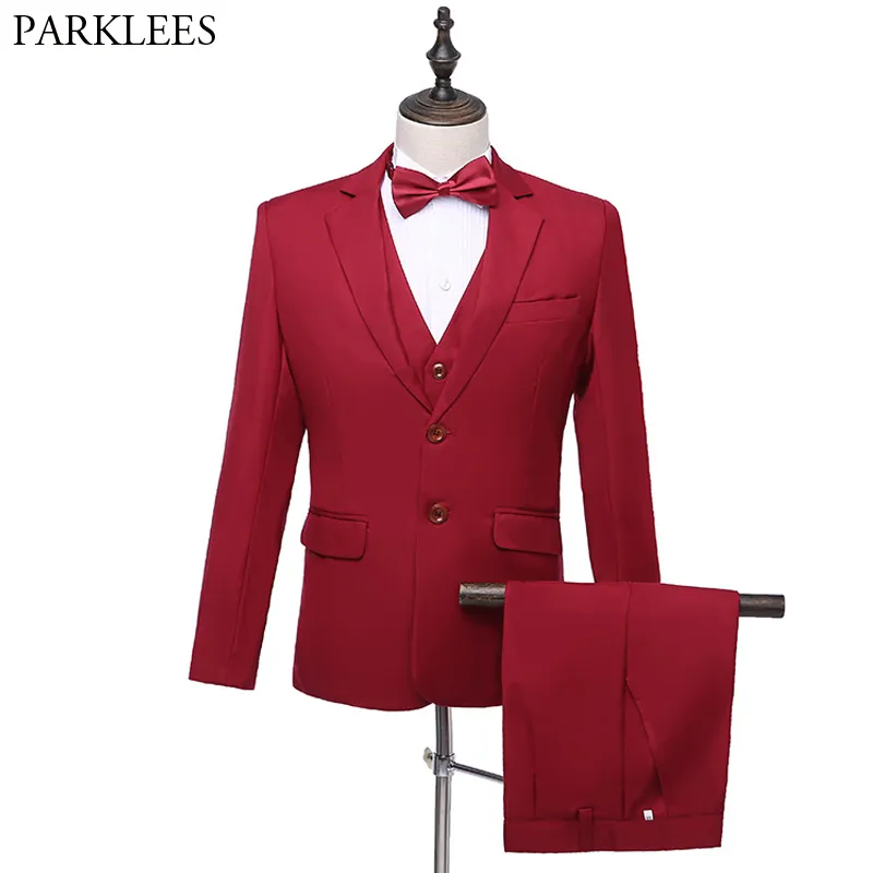 Wino Red Mens Garnitury z Pant Two Button Wedding Garnitur dla mężczyzn Slim Fit Mens Dress Spodnie Solid Men Suit Sets Groom Tuxedo Suit 210524