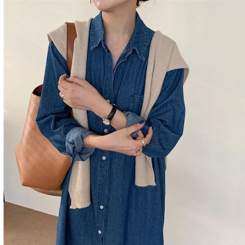Koreansk chic plus storlek mode tvättad blå denim single-breasted sjal lapel lösa långa kvinnor sommarklänning 16w1075 210510