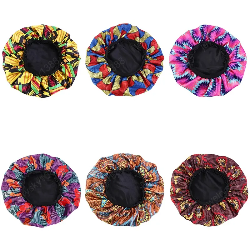 Vrouwen Extra grote Caps Satijn Bonnet Afrikaanse Print Stof Ankara Haarverzorging Nacht Slaap Cap Dames Turban Bandanas Double Layers