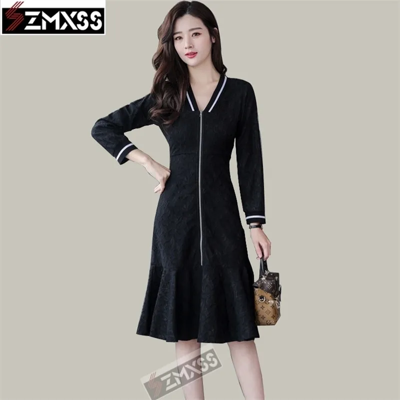 SZMXSS Koreaanse versie herfst dameskleding V-nek geplooide slanke gedrukte potlood jurk Lange mouwen Mini jurken 210630