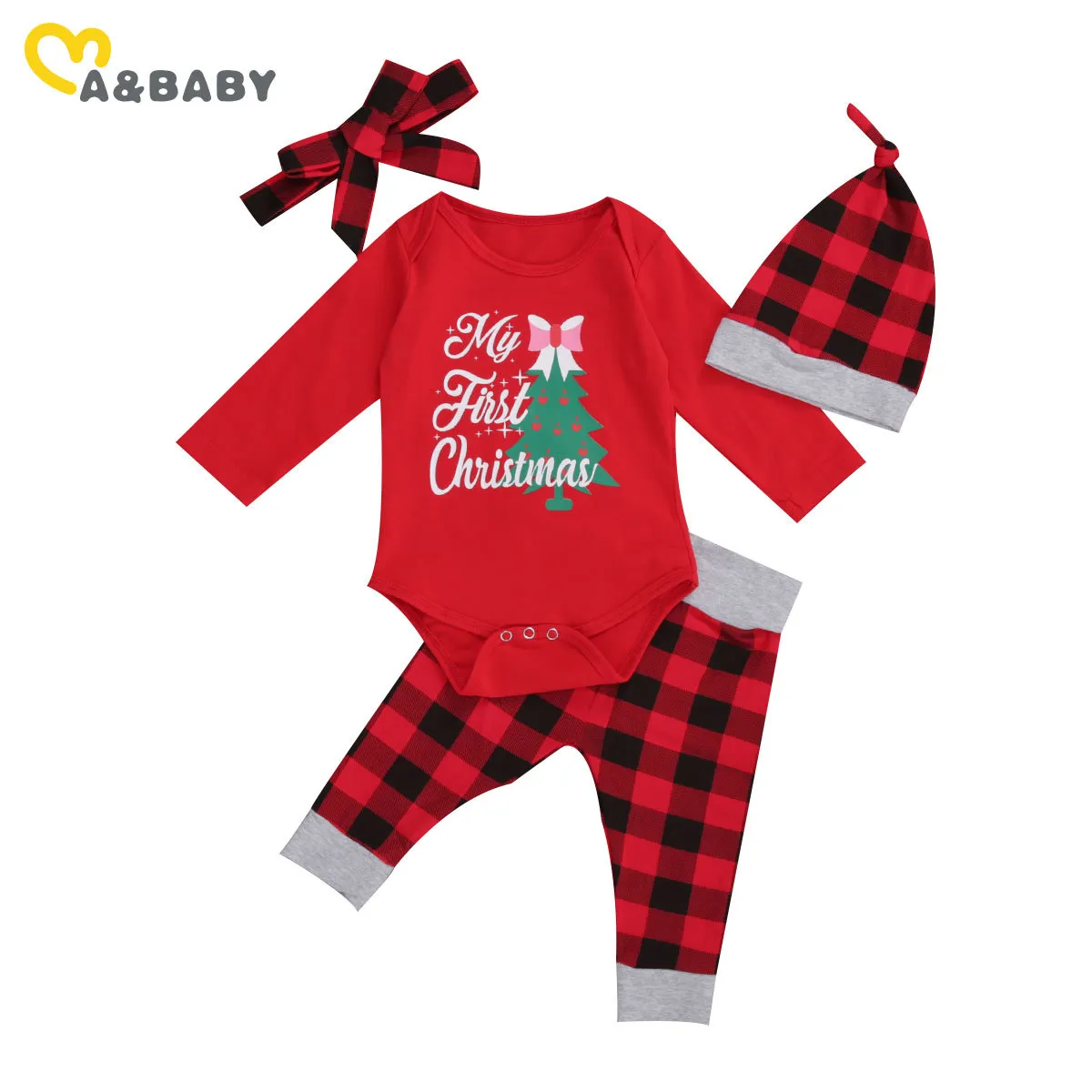 3-24M My 1 st Christmas Clothes Set nato Infant Baby Boy Girl Pagliaccetto rosso Pantaloni scozzesi Cappello Fascia Abiti Xmas Party 210515