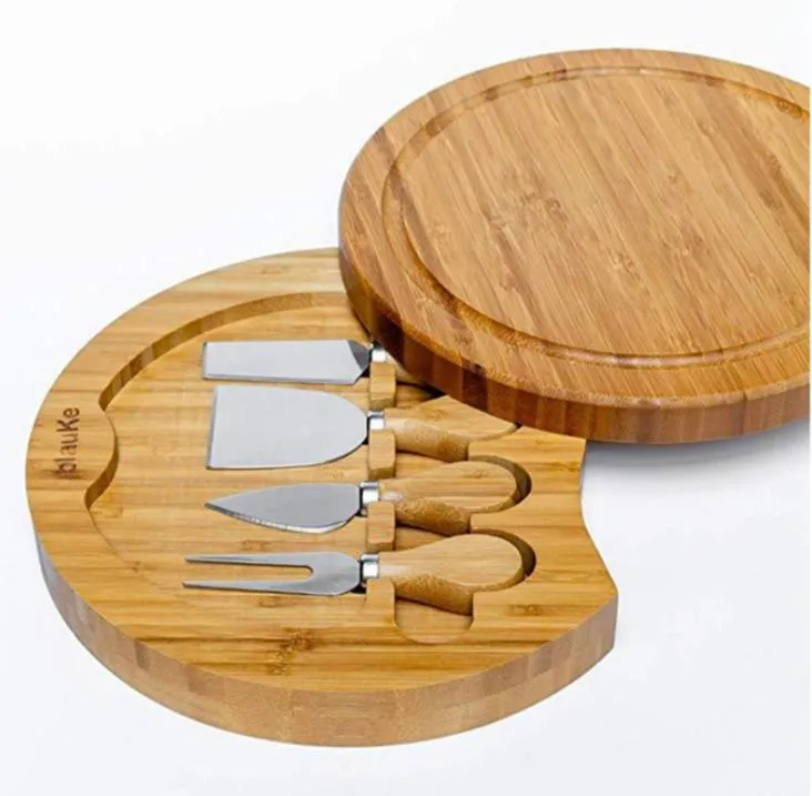 Küchenutensilien Bambus-Käsebrett und Messer-Set, runde Wurstbretter, drehbare Fleischplatte, Urlaubsgeschenk zur Einweihung, SN6214