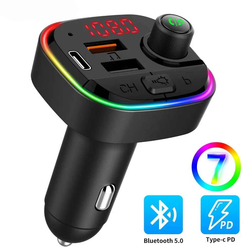 Bluetooth 5.0 FM-zender QC3.0 + PD Snelle USB-oplader Adapter Draadloze Auto MP3-speler Handsfree Car Kit met Bass Audio Backlit