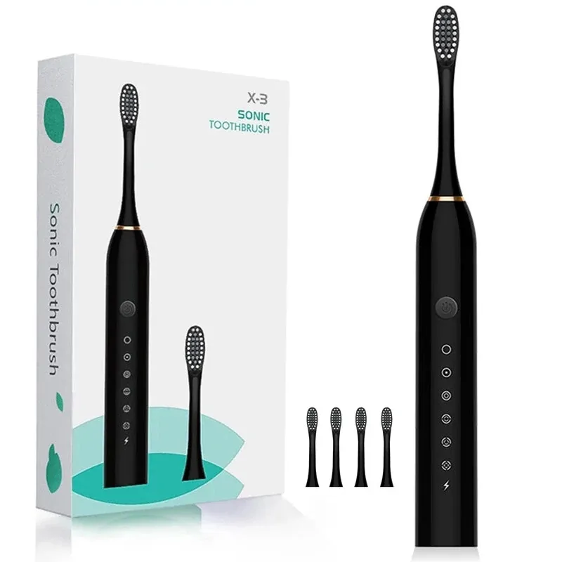 Showsee X-3 Brosse à dents électrique sonique IPX7 Brosse à dents étanche 6 modes Brosse à minuterie rechargeable USB réglable avec 4 têtes de brosses de rechange - Noir