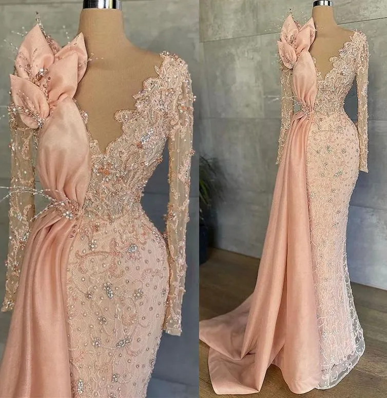 Illusion Långärmad sjöjungfru Kvällsbild Klänningar med sidtåg 2022 Lace Pearls Crystal African Aso Ebi Arabisk Prom Klänning Abendkleider