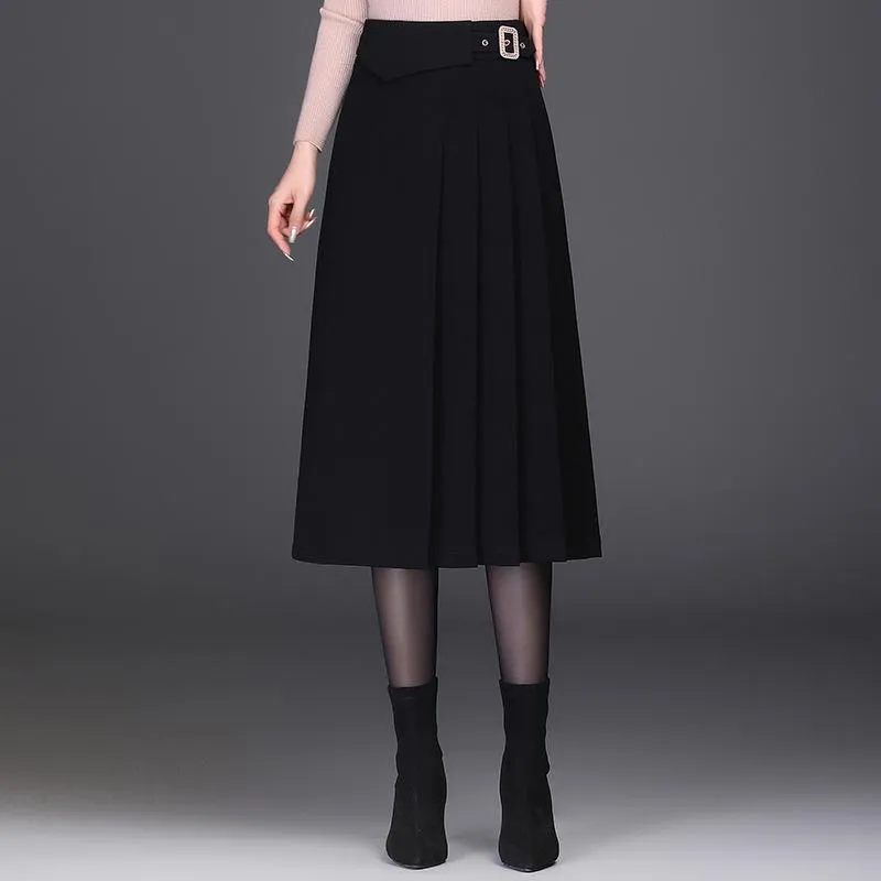 Skirts Women Fashion High Waist Loose Casual Black Mid-long Splice Pleated Skirt Autumn Winter Ladies Elegant Korean Suit 5599