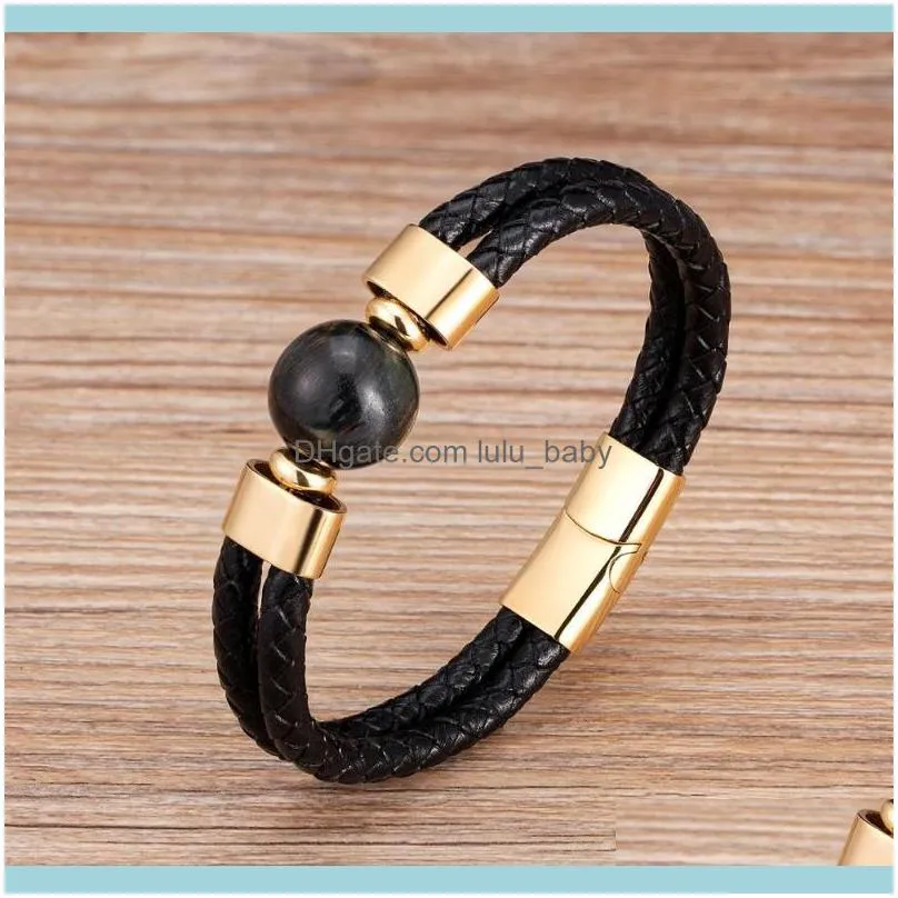 2020 Classic Double Genuine Leather Bracelet Natural Round Tiger Eye Stone Men Bracelets Stainless Steel Magnetic Mens Jewelry
