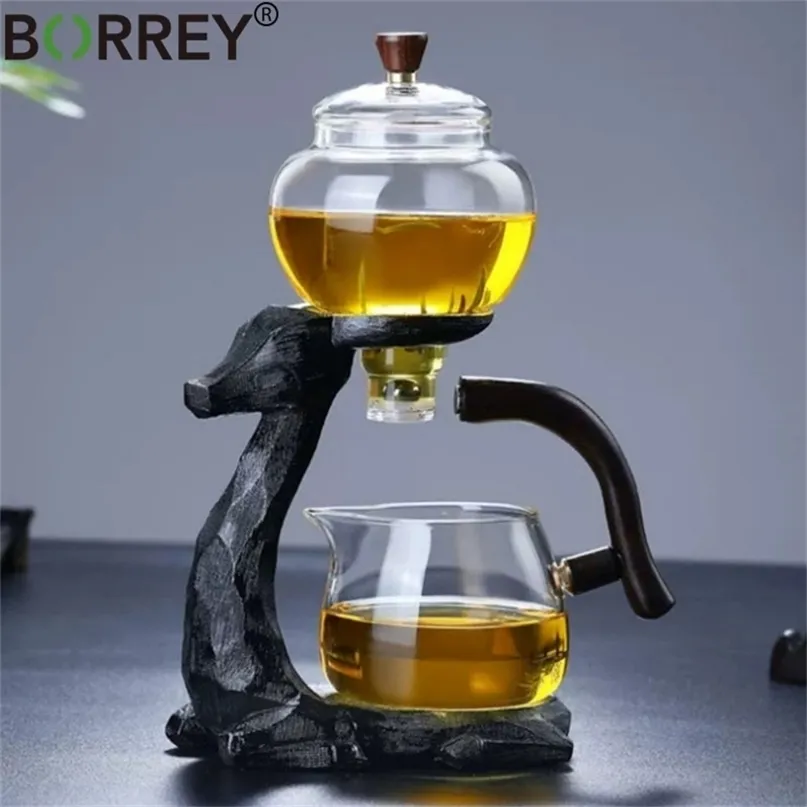Borrey drop thee set eland vorm automatische pu'er oolong pot en kop hittebestendige glazen pot met basis 210724