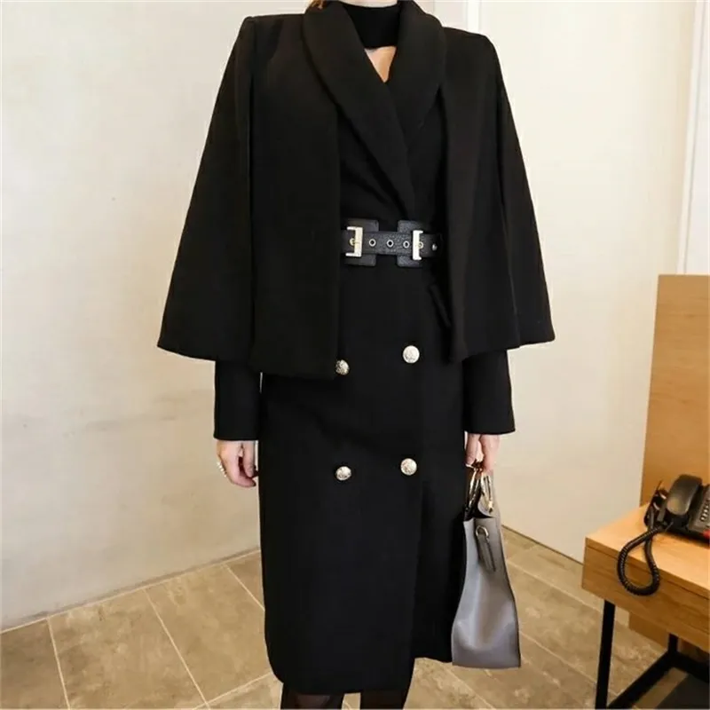 Winter Koreanisches Zweiteiliges Set Damen Cape Mantel Mantel + Elegantes Büro OL Kerb Zweireiher Kleider Anzug 210519