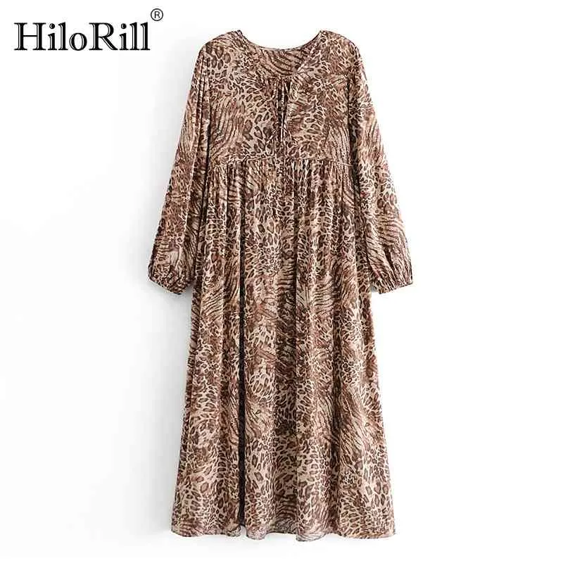 Şık hayvan baskı uzun maxi elbise sonbahar bahar o boyun gevşek pilili yay süslemeleri vintage sundress 210508