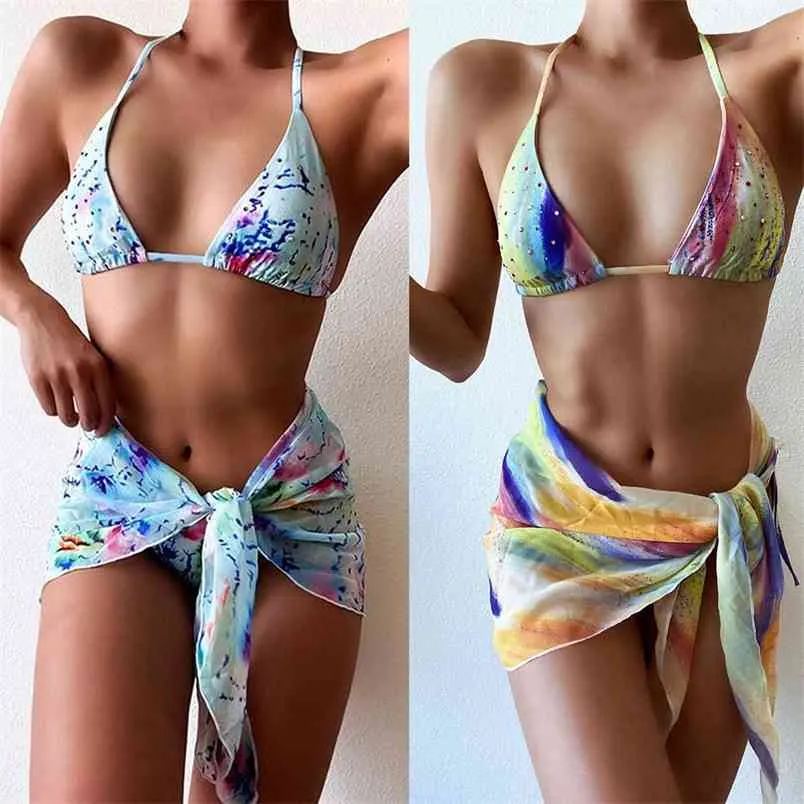 Kvinnors baddräkt låg midja thong bikini kvinna sommar sexig sling bikinis set 3 stycken bandage bodysuit gul 210604