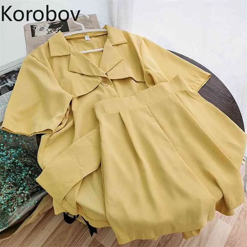 Korobov Sommer Neue Chic Frauen Outfits Koreanische Süße V-ausschnitt Kurzarm Blazer und Shorts 2 Stück Sets OL Anzüge 210430