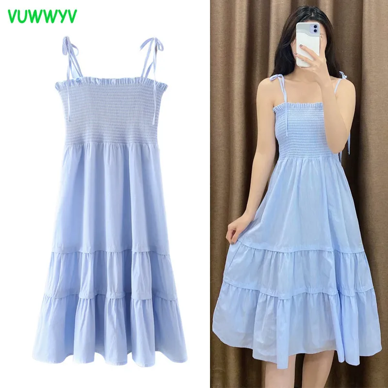 Vuwhyv blauwe ruche ruches slip jurk vrouwen elegante fairy partij midi vrouw zomer elastische verzamelde taille vestidos 210430