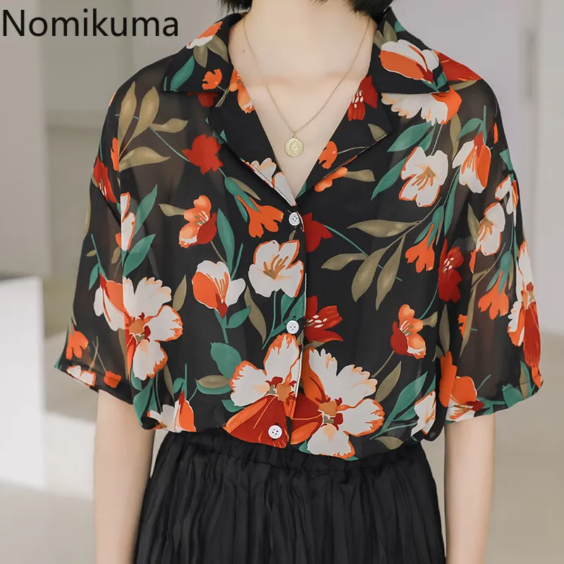 Nomikuma Summer Turn Down Collier à manches courtes Blouse en mousseline de soie Femmes Floral Imprimé Vintage Chemises Tops à la mode 3a124 210514