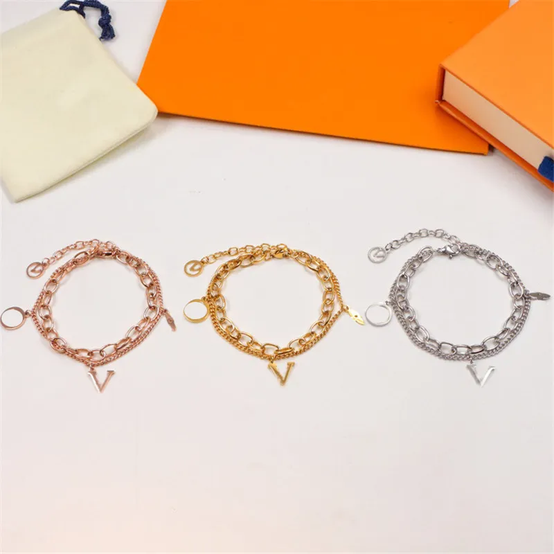 Luxury Letter Pendant Bracelets Double Chain Bracelet Designer Couple Jewelry Titanium Steel Bangle With Stamps