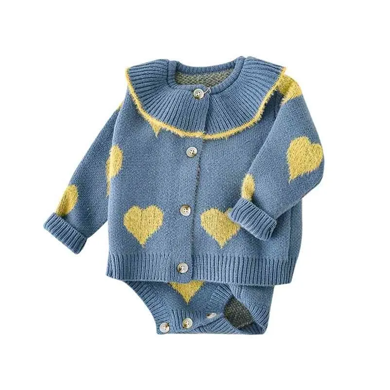 Baby Girl Lovely Jacquard Large Lapel Coat Strap Triangle Jumpsuit Sweater Two-Piece Set baby girl clothes set 210515