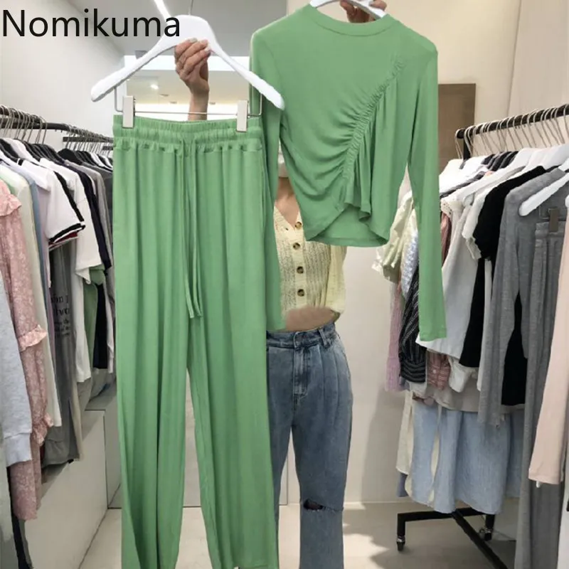 Nomikuma Spring Women Pant Sets Plised Z Długim Rękawem T Shirty + Lace Up High Waist Wide Nod Długie Spodnie Koreańskie Garnitury 6G084 210427