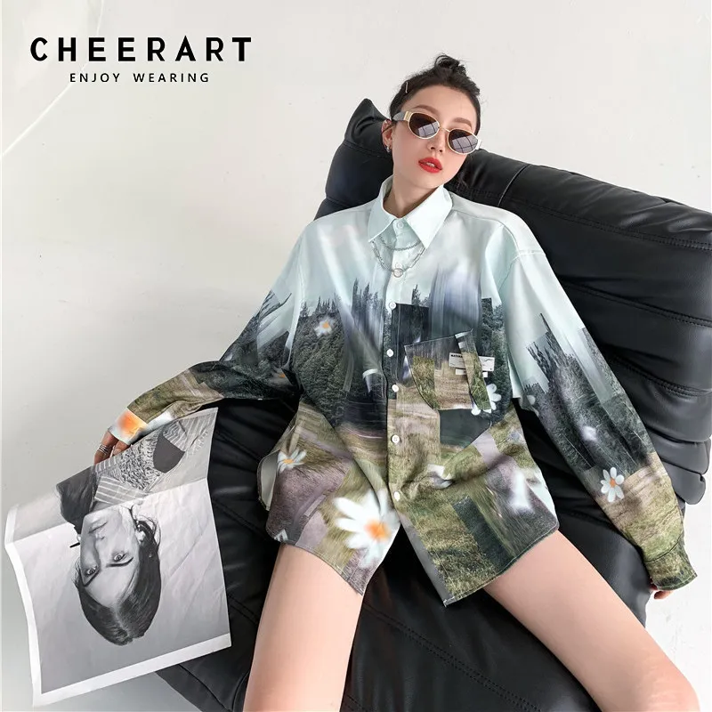 Forêt Imprimer Chemise Surdimensionnée Femmes Haut À Manches Longues Et Bloues Bleu Vert Bouton Up Daisy Floral Blouse Vêtements 210427