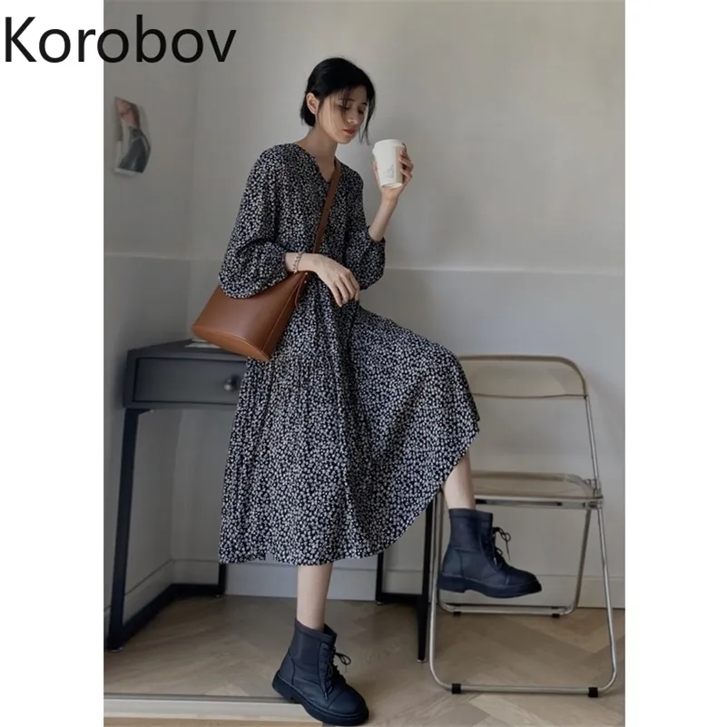 Korobov coreano doce chique chiffon vestido estilo formal verão v pescoço manga comprida vestidos feminino feminino a linha chiffon vestidos 210430