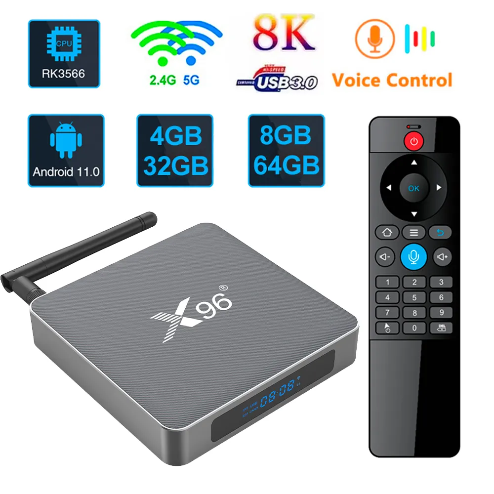 X96 X6 Android 11.0 Smart TV Box 8 GB 64 GB RK3566 Czterordzeniowy odtwarzacz multimedialny 2.4G 5G 2T2R Wifi Bluetooth Pilot głosowy Powłoka ze stopu aluminium TVbox 4 GB 32 GB
