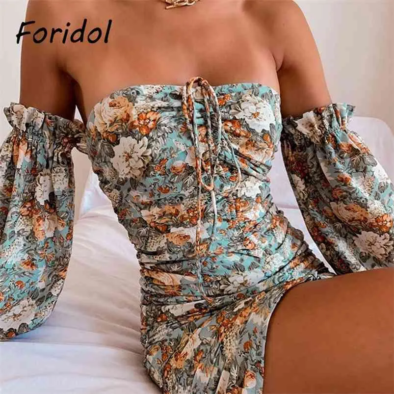 Floral Print Boho Summer Dress Off Shoulder Ruched Bodycon Mini Club Party Sexy Short Beach Blue 210427