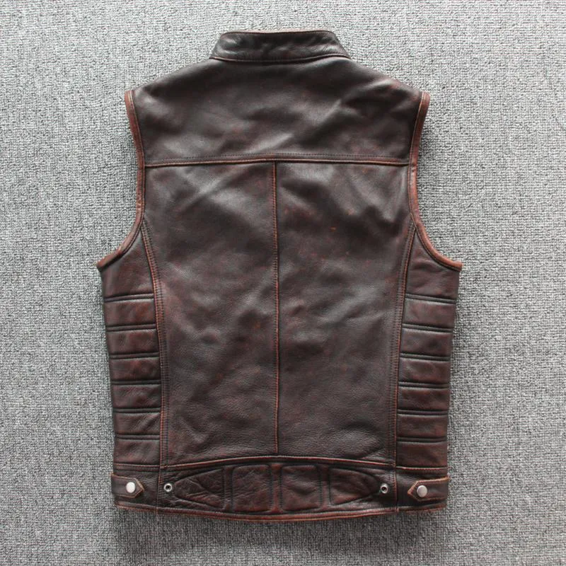 Men's Vests 2021 Vintage Brown Men Motorcycle Leather Vest Plus Size 4XL Genuine Cowhide Spring Slim Fit Biker's Natural Coat